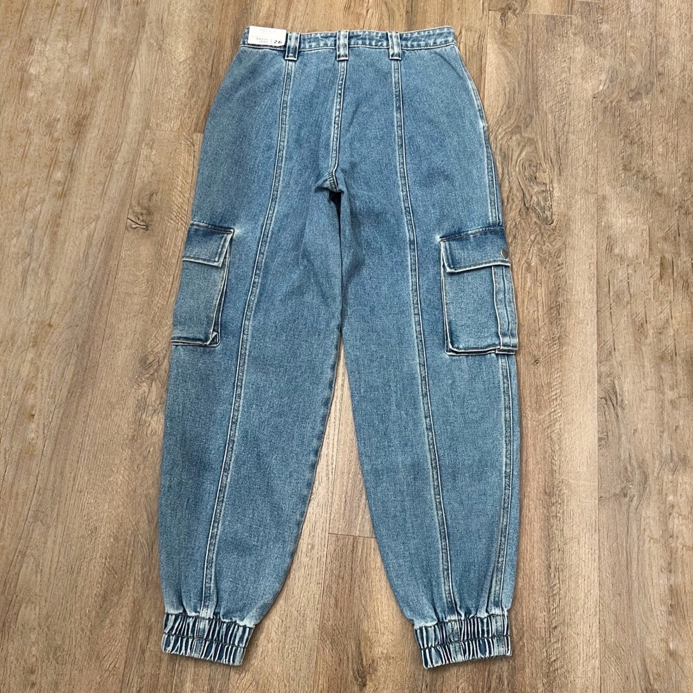PacSun Baggy Cargo Jeans Blue Medium Wash High Rise Jogger Denim Jeans 26 NWT - Picture 2 of 9